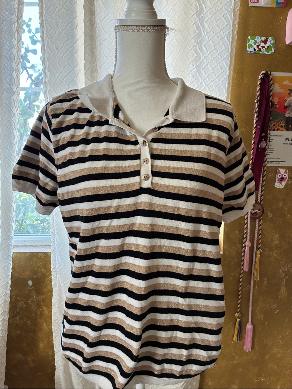 Tommy Hilfiger Cream, Black & Tan Striped Polo